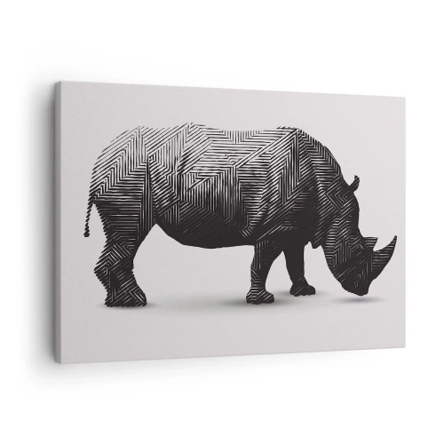 Quadro em tela - Silhueta gráfica de um rinoceronte em um padrão preto e branco - 70x50cm - A beleza geométrica da natureza - Decoração de parede moderna para a sala de estar e quarto ARTTOR