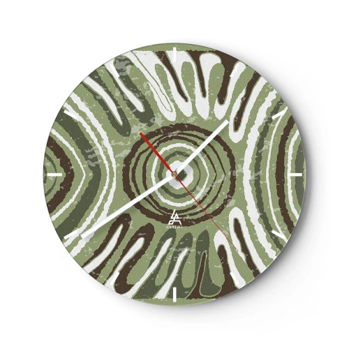 Relógio de parede - Relógio em vidro - Composição simétrica verde e marrom com padrões concêntricos - 30x30cm - Uma explosão de emoções - Decoração de parede moderna para a sala de estar, cozinha e quarto ARTTOR