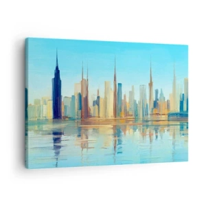 Quadro em tela - Um panorama da cidade em cores quentes com reflexo na água - 70x50cm - Uma metrópole ensolarada - Decoração de parede moderna para a sala de estar e quarto ARTTOR