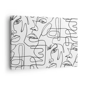 Quadro em tela - Um desenho minimalista de um rosto com linhas em um fundo claro. - 70x50cm - Em emoções emaranhadas - Decoração de parede moderna para a sala de estar e quarto ARTTOR
