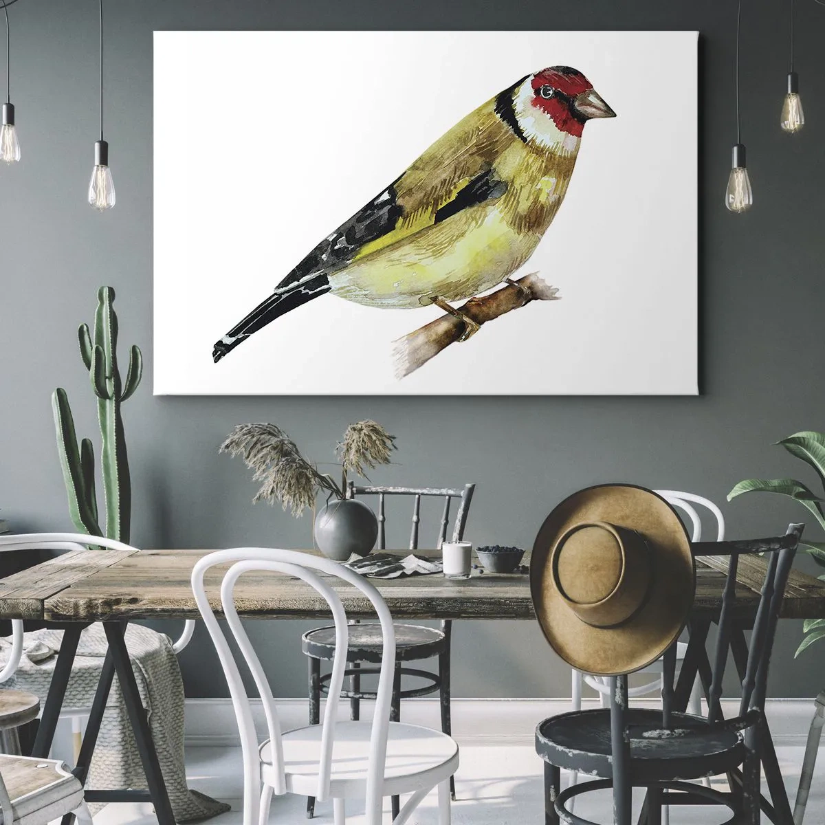 Quadro em tela - Um pássaro com cabeça vermelha em um galho - 70x50cm - Retrato de um pássaro - Decoração de parede moderna para a sala de estar e quarto ARTTOR