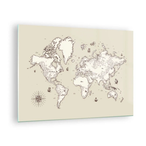 Quadro em vidro - Um mapa-múndi estilizado em uma versão clássica - 70x50cm - Uma viagem à volta do mundo - Decoração de parede moderna para a sala de estar e quarto ARTTOR