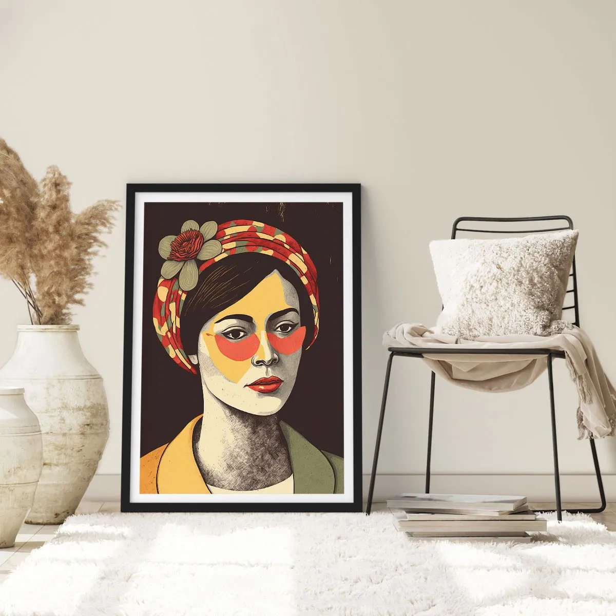 Pôster com moldura preta - Retrato estilizado de uma mulher com turbante e detalhes florais - 50x70cm - Senhora Coral - Decoração de parede moderna para a sala de estar e quarto ARTTOR