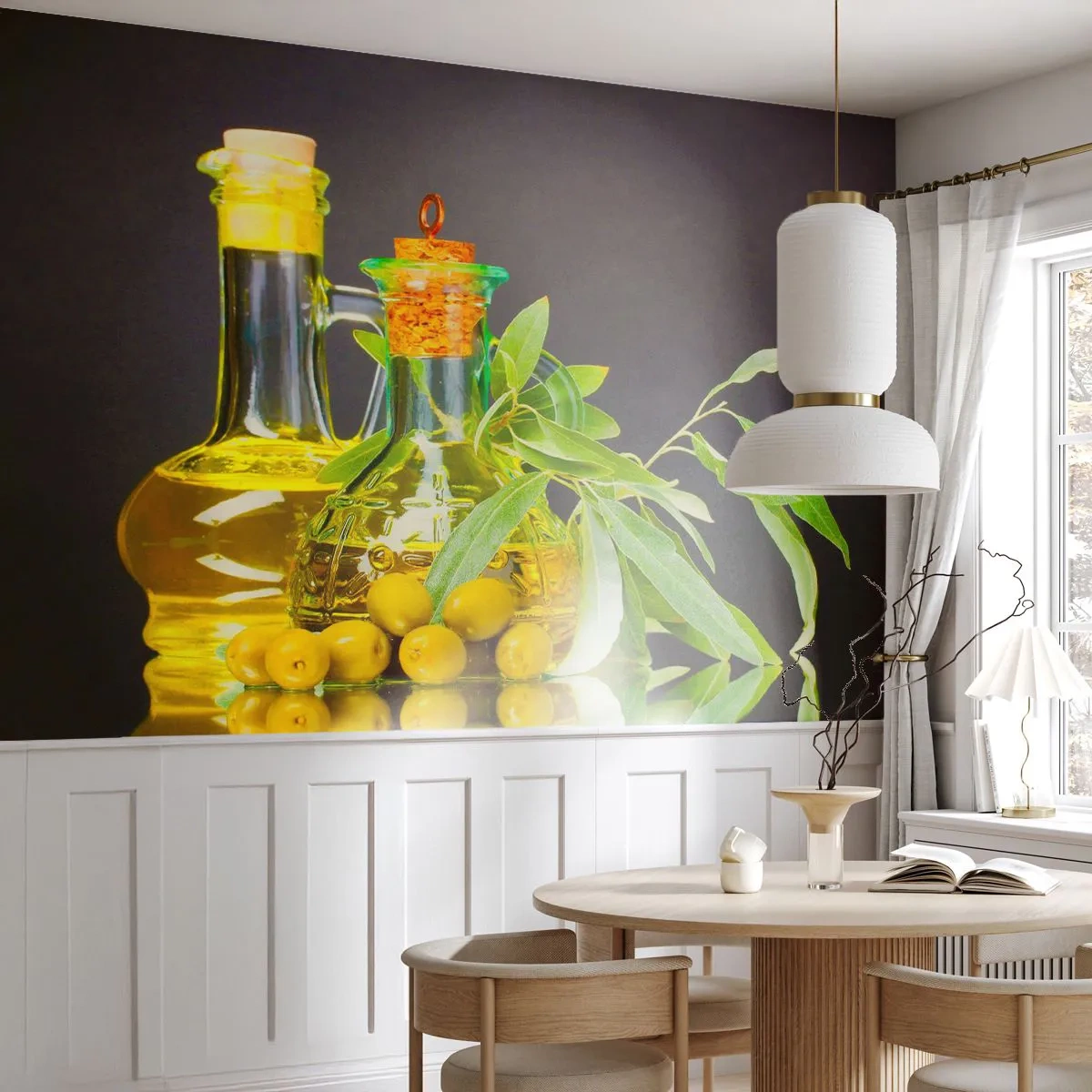 Papel de Parede Autocolante Deluxe Sticker - Natureza morta com azeitonas e azeite - Gastronomia, Azeitonas, Óleo - 250x175 cm