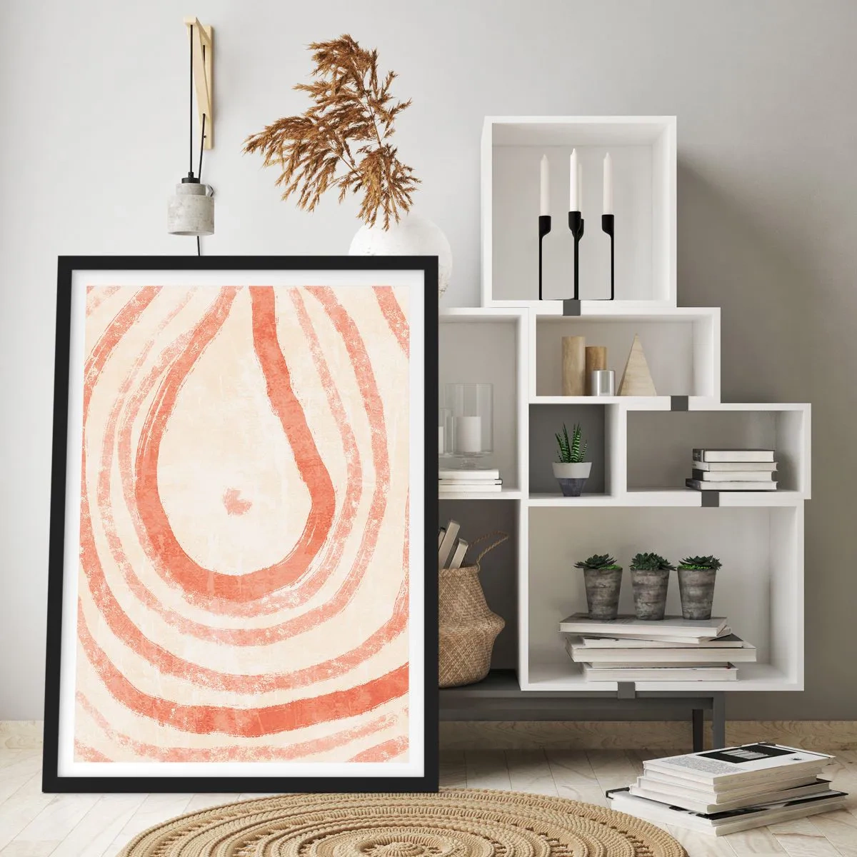 Pôster com moldura preta - Um padrão abstrato em cores quentes e terrosas. - 50x70cm - Círculos de coral – composição - Decoração de parede moderna para a sala de estar e quarto ARTTOR