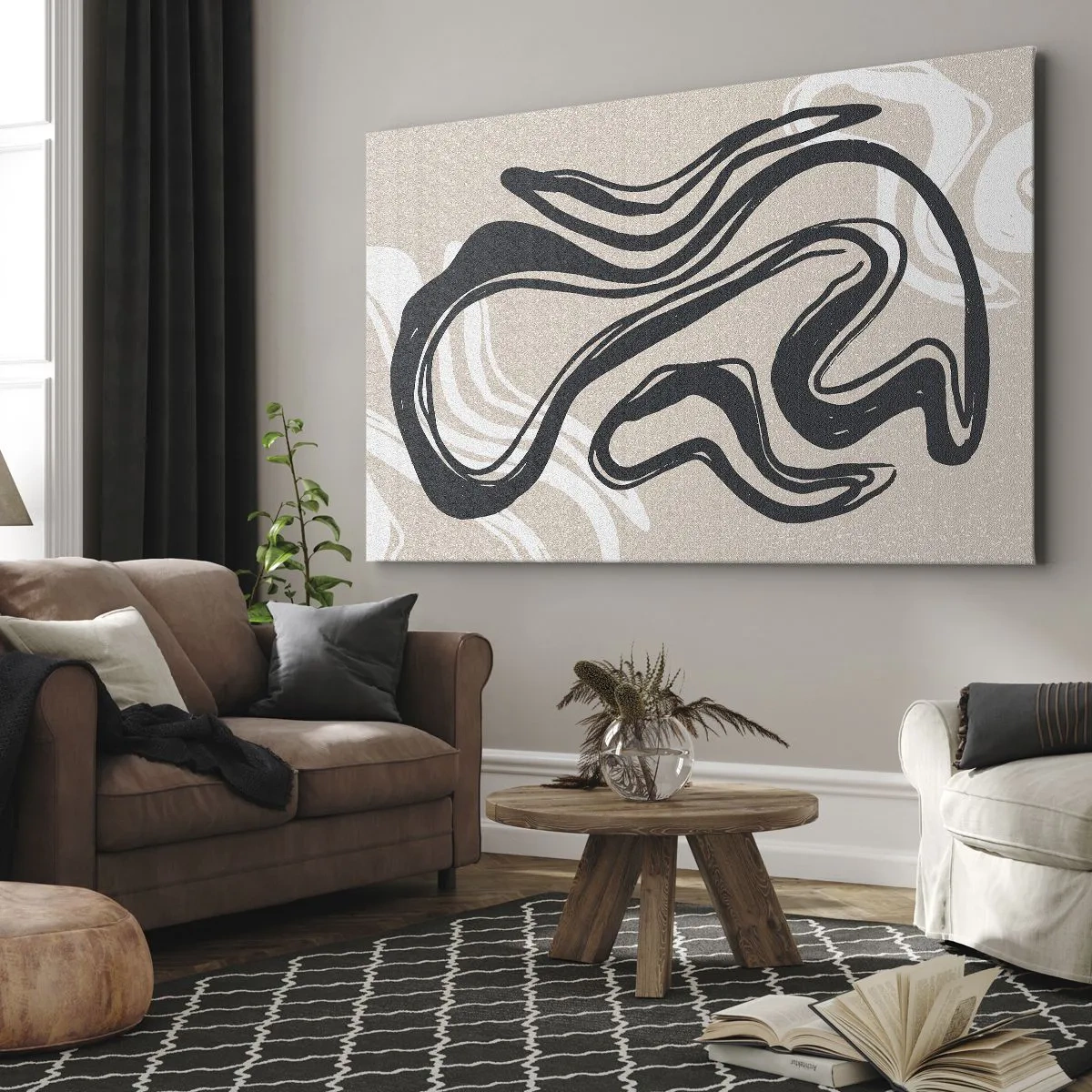 Quadro em tela - Linhas abstratas em tons escuros sobre fundo bege - 70x50cm - Expressão multiplicada - Decoração de parede moderna para a sala de estar e quarto ARTTOR