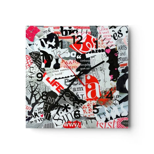 Relógio de parede - Relógio em vidro - Colagem hipster - 30x30 cm
