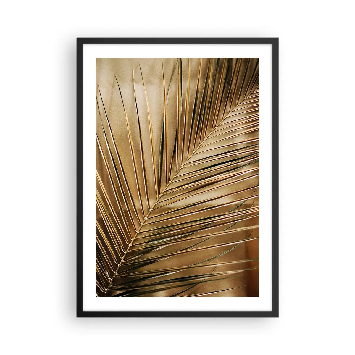 Pôster com moldura preta - Folha de palmeira dourada sobre um fundo elegante - 50x70cm - Colunata natural - Decoração de parede moderna para a sala de estar e quarto ARTTOR