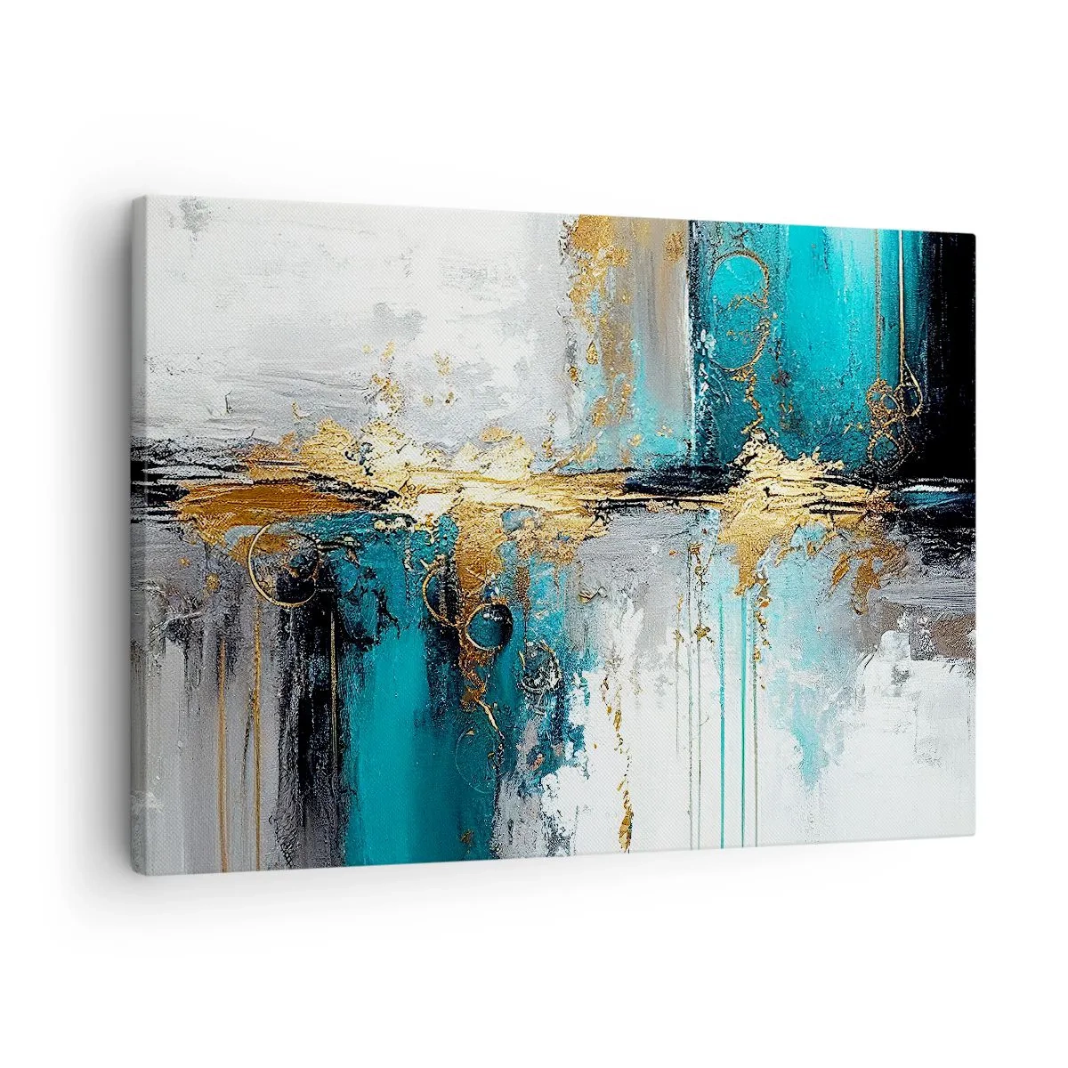 Quadro em tela - Uma composição abstrata com detalhes em turquesa e dourado. - 70x50cm - Tudo flui - Decoração de parede moderna para a sala de estar e quarto ARTTOR