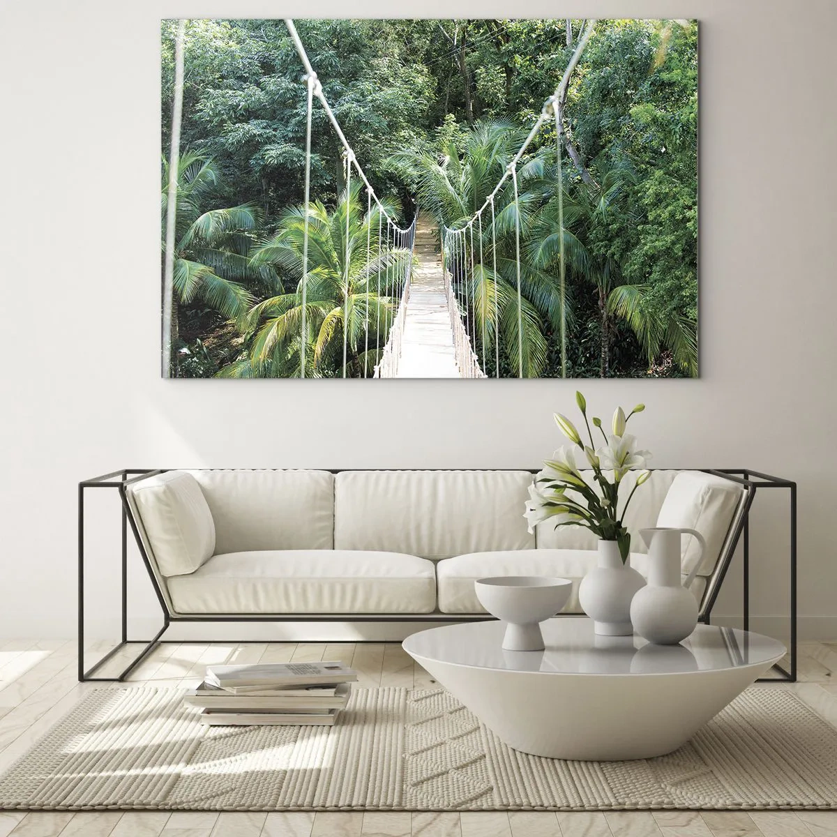 Quadro em vidro - Ponte suspensa em uma floresta tropical - 70x50cm - Bem-vindo à selva! - Decoração de parede moderna para a sala de estar e quarto ARTTOR