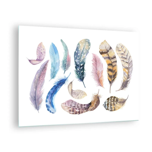 Quadro em vidro - Penas coloridas em estilo artístico sobre fundo branco - 70x50cm - Leve, heterogéneo e multicolorido - Decoração de parede moderna para a sala de estar e quarto ARTTOR
