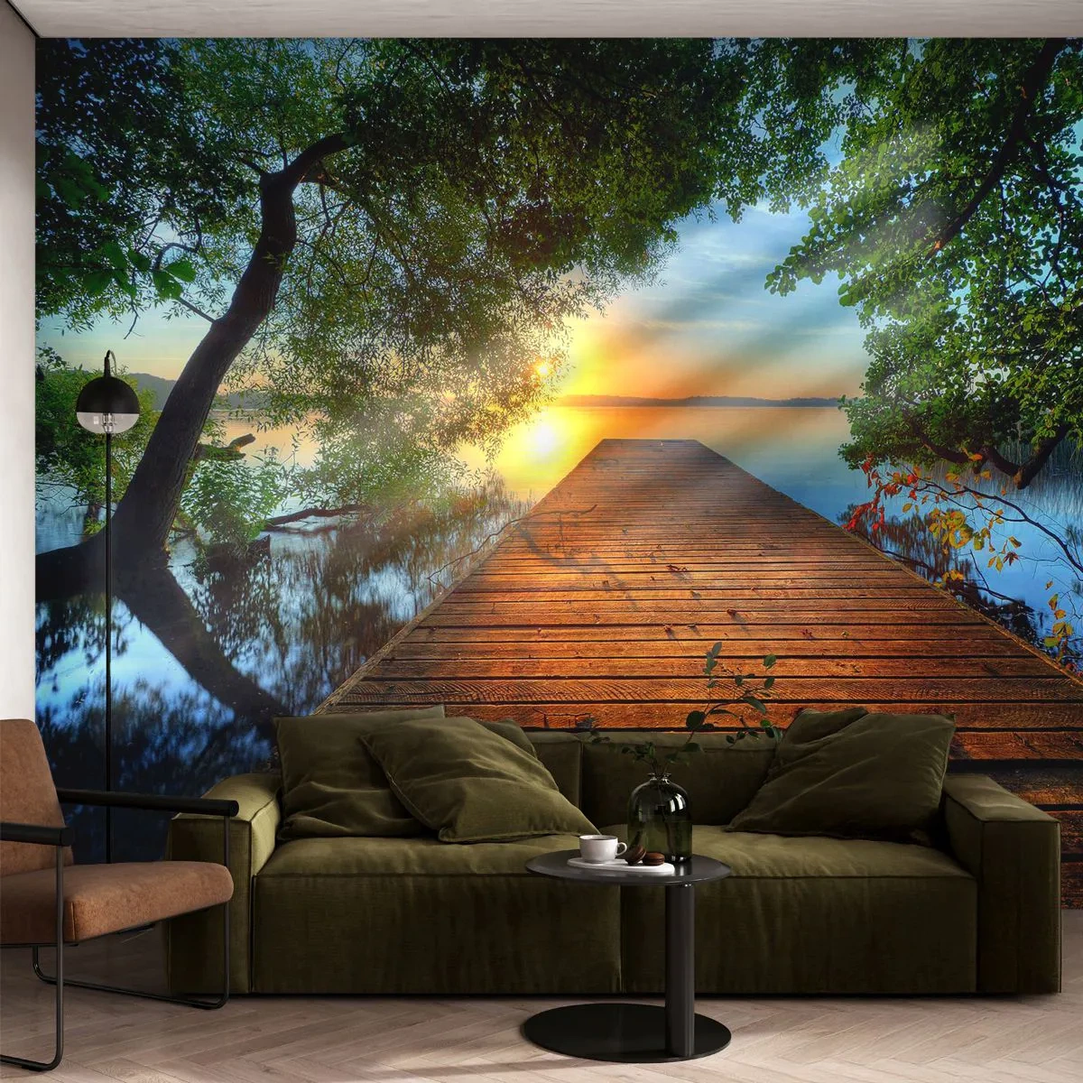 Papel de Parede Premium Sand - Tome o seu tempo, sente-se - Paisagem, Ponte de madeira, Lago - 100x70 cm