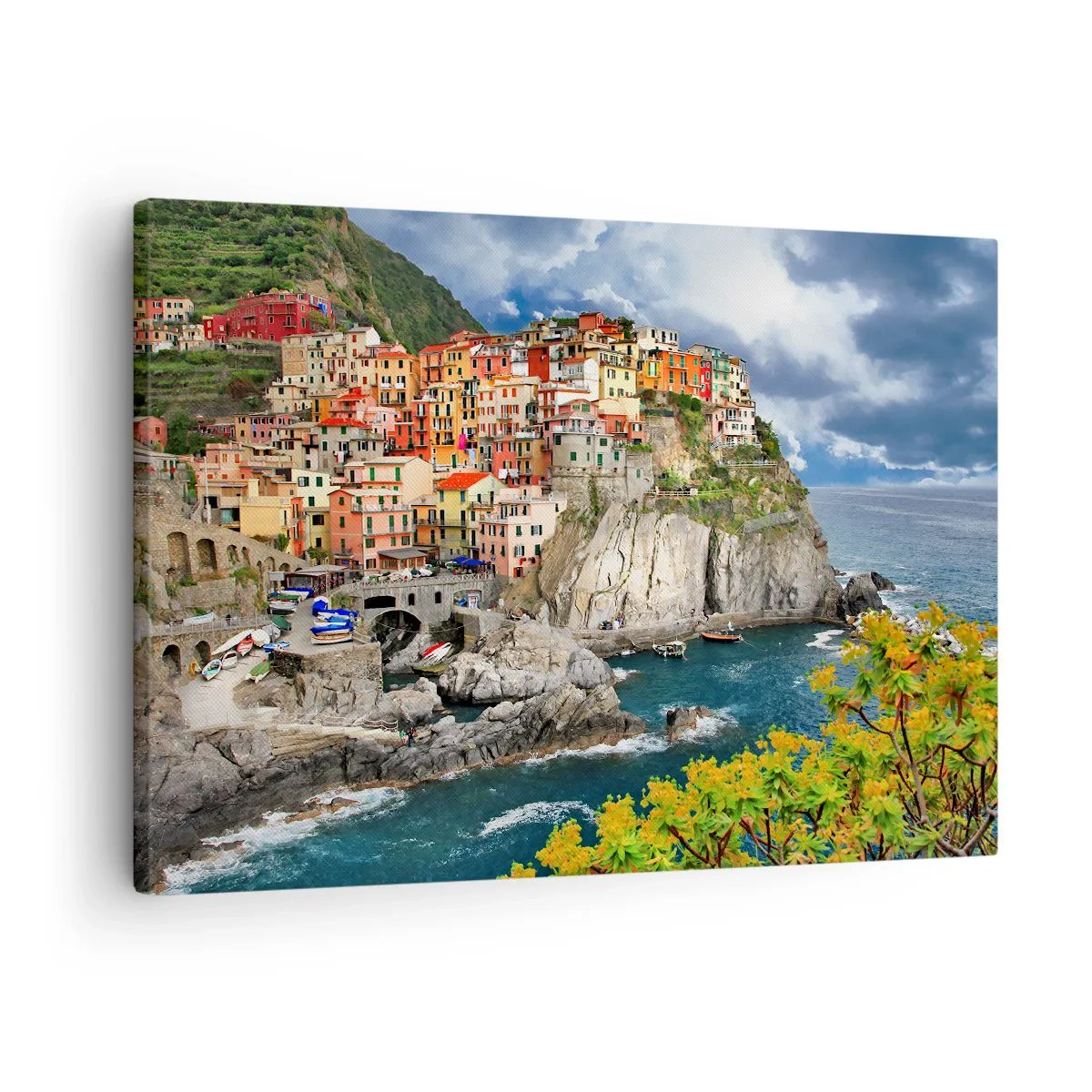 Quadro em tela - Casas coloridas em um penhasco com vista para o mar em Cinque Terre - 70x50cm - Um aglomerado nas rochas - Decoração de parede moderna para a sala de estar e quarto ARTTOR