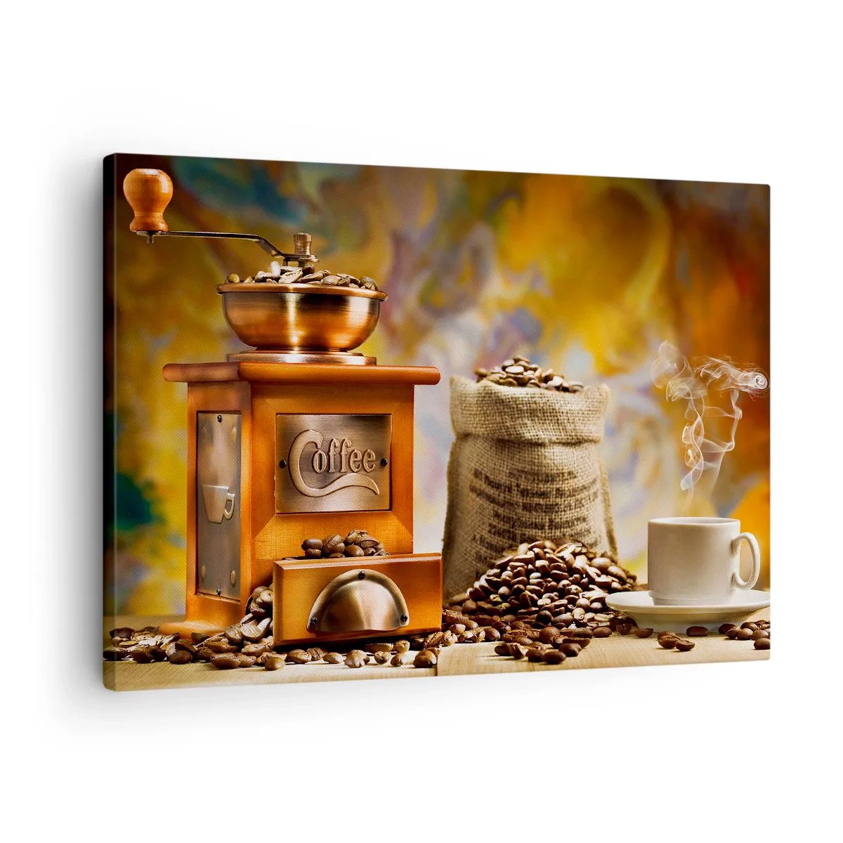 Quadro em tela - Moedor de café com grãos e uma xícara ao fundo - 70x50cm - A trituração do grão, o ruído do moedor - Decoração de parede moderna para a sala de estar e quarto ARTTOR