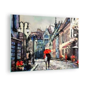 Quadro em vidro - Um casal sob um guarda-chuva vermelho passeando por uma rua pitoresca - 70x50cm - Chuva para dois - Decoração de parede moderna para a sala de estar e quarto ARTTOR