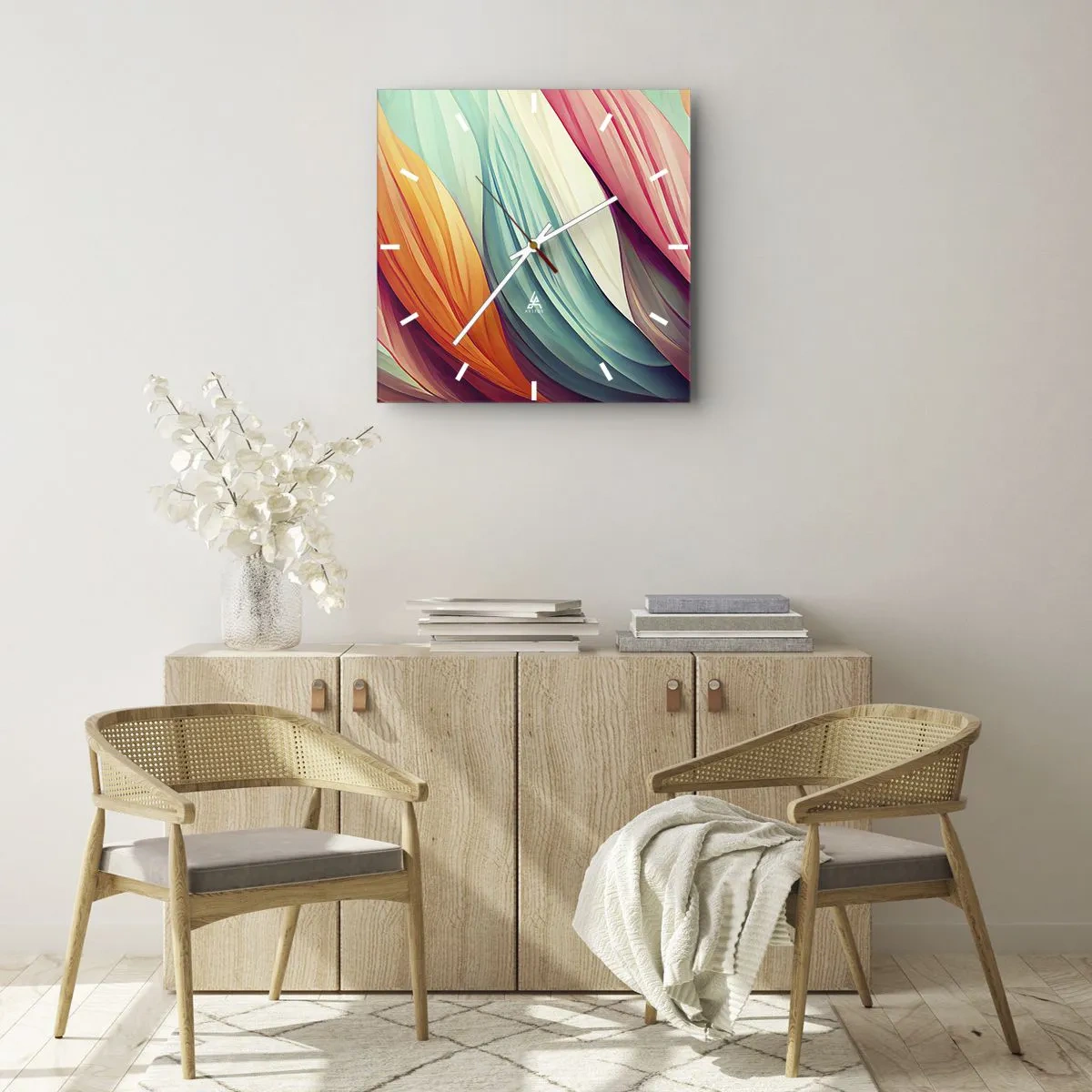 Relógio de parede - Relógio em vidro - Tecido arco-íris - 40x40 cm