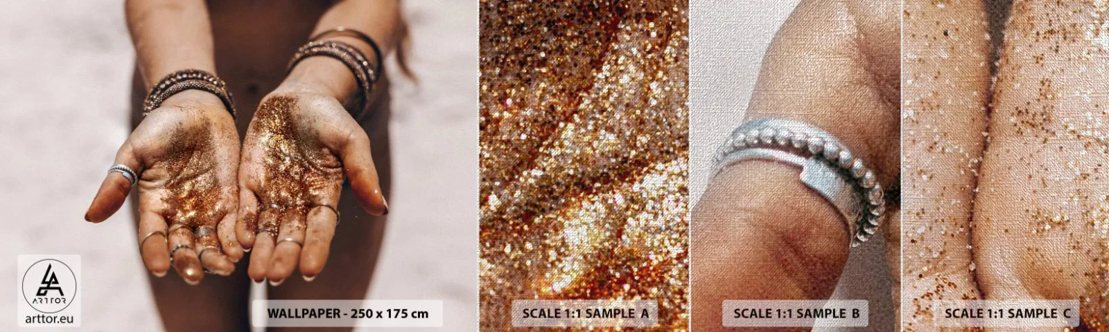 Amostra de papel de parede Premium Canvas - Um presente para si - Mãos Femininas, Boho, Ouro - 100x30 cm