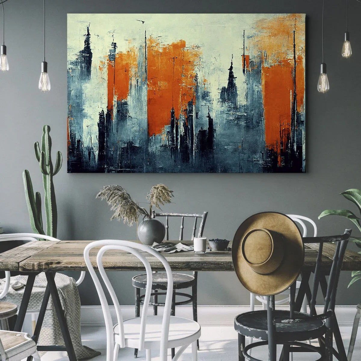 Quadro em tela - Paisagem urbana abstrata em tons de laranja e azul - 70x50cm - Paisagem moderna - Decoração de parede moderna para a sala de estar e quarto ARTTOR
