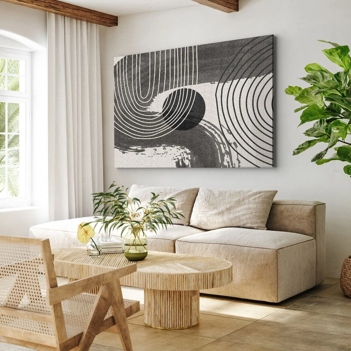 Quadro em tela - Linhas geométricas e ovais em tons monocromáticos - 70x50cm - O oval vence - Decoração de parede moderna para a sala de estar e quarto ARTTOR