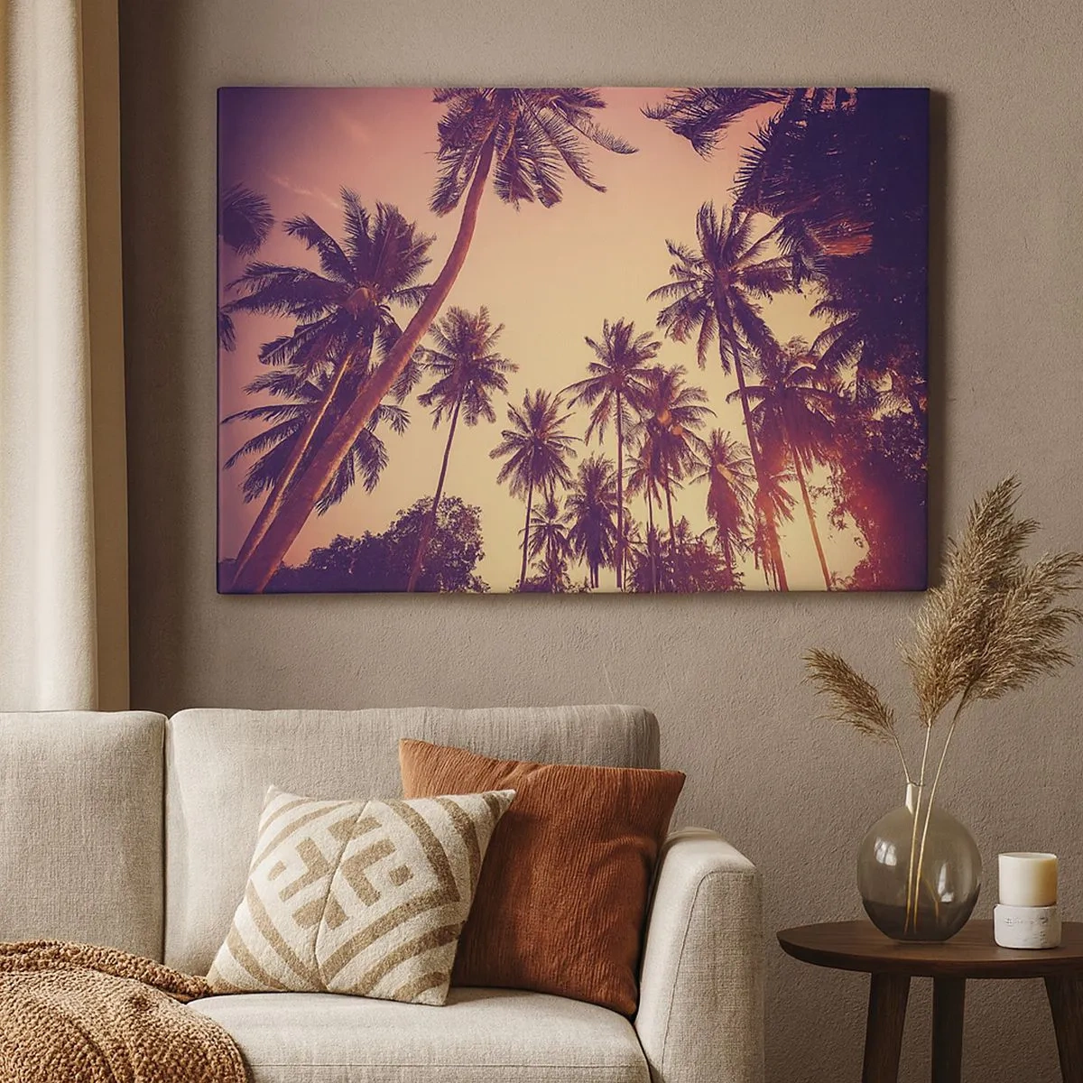 Quadro em tela - Palmeiras contra o céu com cores quentes do pôr do sol - 70x50cm - Variação tropical - Decoração de parede moderna para a sala de estar e quarto ARTTOR