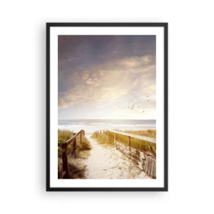 Pôster com moldura preta - Caminho para a praia ao pôr do sol com pássaros voando - 50x70cm - Espaço de paz - Decoração de parede moderna para a sala de estar e quarto ARTTOR