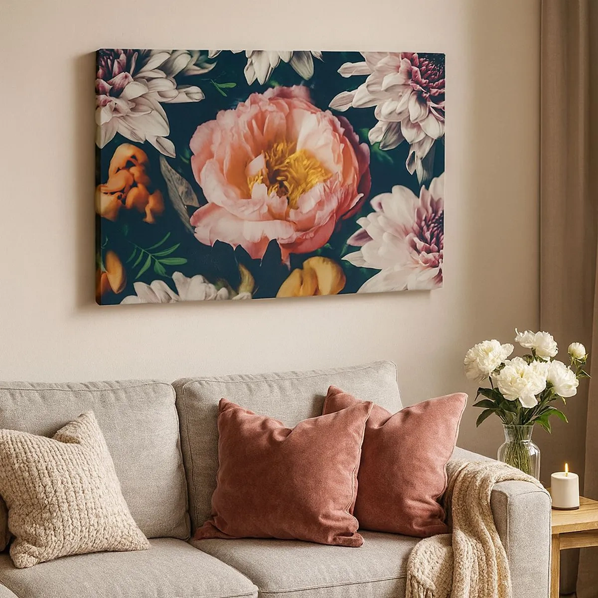 Quadro em tela - Arranjo floral com peônias e crisântemos sobre fundo escuro - 70x50cm - Com o esplendor barroco - Decoração de parede moderna para a sala de estar e quarto ARTTOR