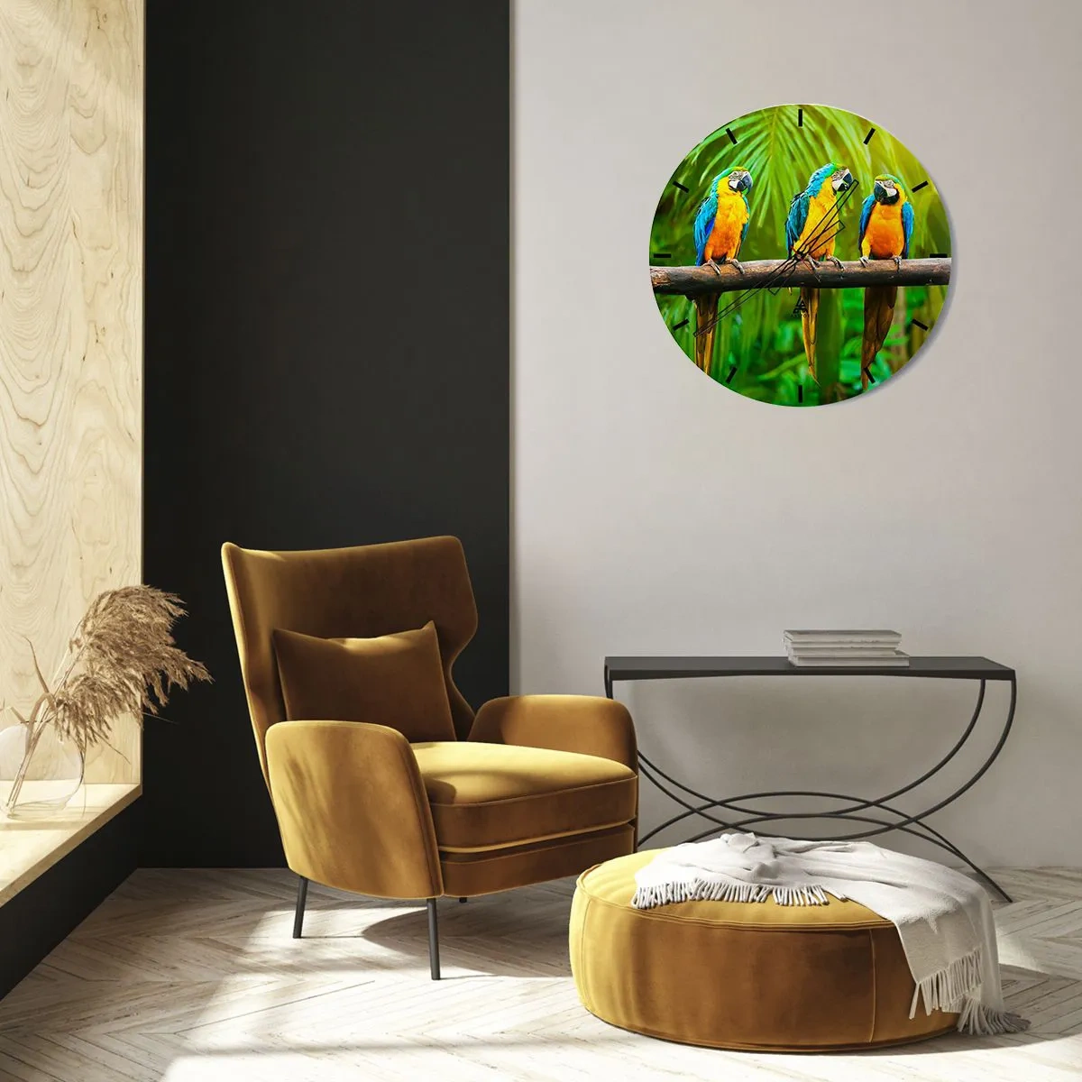 Relógio de parede - Relógio em vidro - Três papagaios araras em um galho em um ambiente tropical - 30x30cm - E ouviste dizer que ela...? - Decoração de parede moderna para a sala de estar, cozinha e quarto ARTTOR
