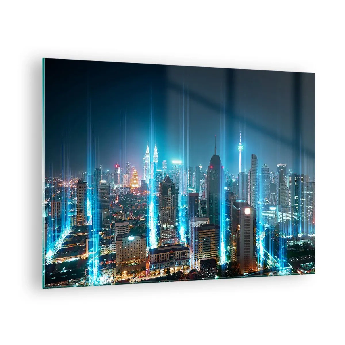 Quadro em vidro - Uma cidade noturna com prédios altos e raios de luz - 70x50cm - De Berlim para o céu - Decoração de parede moderna para a sala de estar e quarto ARTTOR