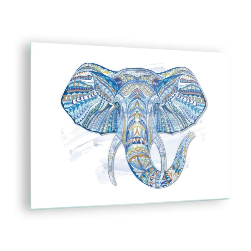 Quadro em vidro - Elefante azul em estilo artístico com padrões geométricos - 70x50cm - Incrustado com ouro e azul - Decoração de parede moderna para a sala de estar e quarto ARTTOR