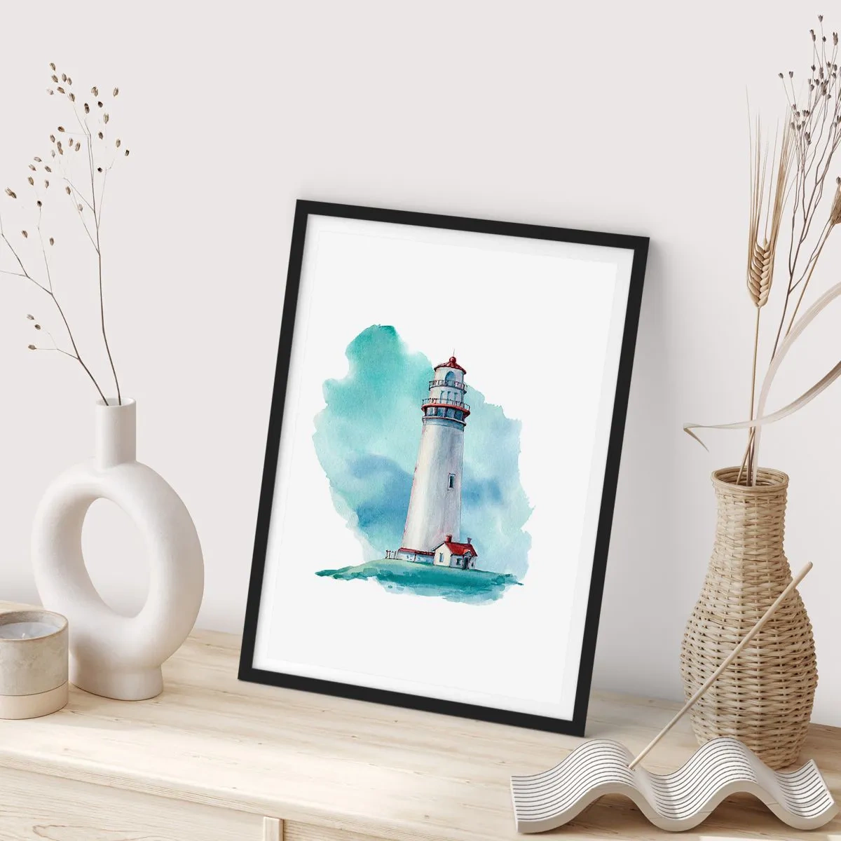 Pôster com moldura preta - Uma ilustração pictórica de um farol cercado por um céu azul. - 50x70cm - A gentil irmã do azul - Decoração de parede moderna para a sala de estar e quarto ARTTOR