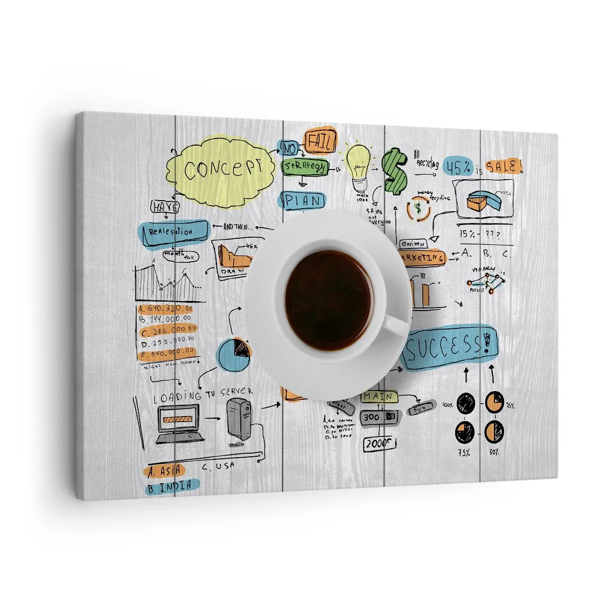 Quadro em tela - Uma xícara de café no fundo de um desenho conceitual - 70x50cm - Tempo para uma pausa - Decoração de parede moderna para a sala de estar e quarto ARTTOR