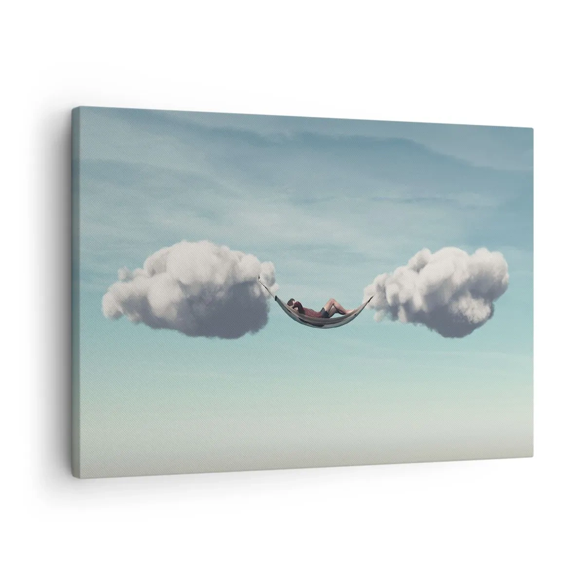 Quadro em tela - Uma pessoa relaxando em uma rede suspensa nas nuvens - 70x50cm - A felicidade do momento - Decoração de parede moderna para a sala de estar e quarto ARTTOR