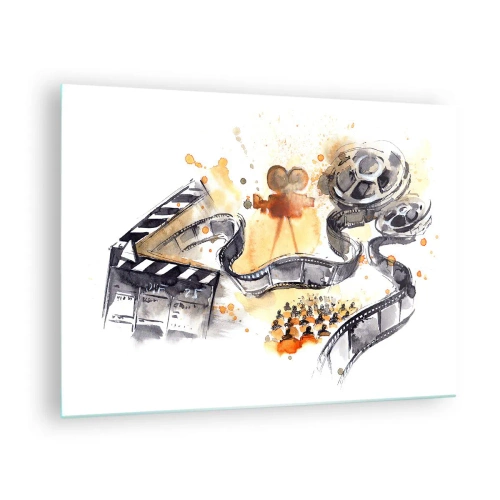 Quadro em vidro - Tira de filme e câmera em uma composição artística - 70x50cm - Na terra dos sonhos - Decoração de parede moderna para a sala de estar e quarto ARTTOR