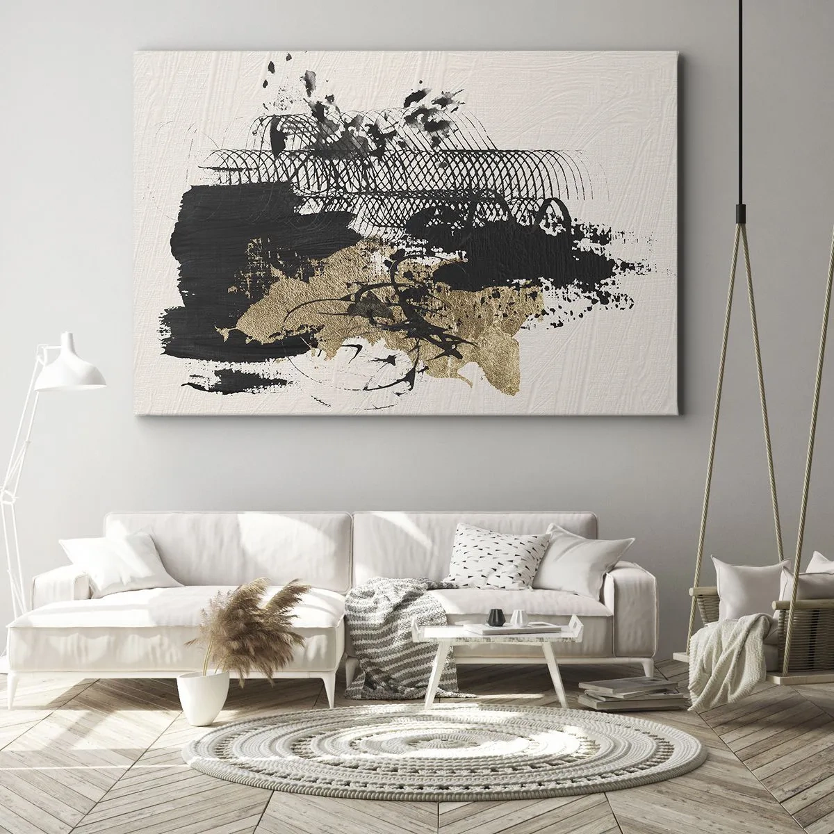 Quadro em tela - Uma pintura abstrata em preto e dourado com linhas e estruturas dinâmicas. - 70x50cm - Composição com paixão - Decoração de parede moderna para a sala de estar e quarto ARTTOR