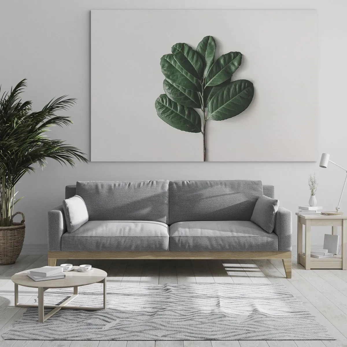 Quadro em vidro - Um galho com folhas verdes em um fundo claro - 70x50cm - Desenho da própria natureza - Decoração de parede moderna para a sala de estar e quarto ARTTOR