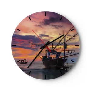 Relógio de parede - Relógio em vidro - Um barco de pesca tendo como pano de fundo o pôr do sol - 30x30cm - Noite exótica - Decoração de parede moderna para a sala de estar, cozinha e quarto ARTTOR