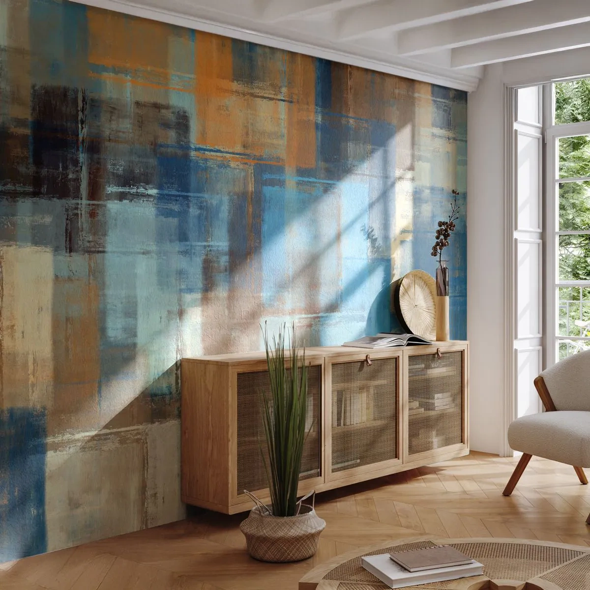 Papel de Parede Standard Eco - Através da cortina azul - Abstração, Pedaço, Pintar - 150x105 cm