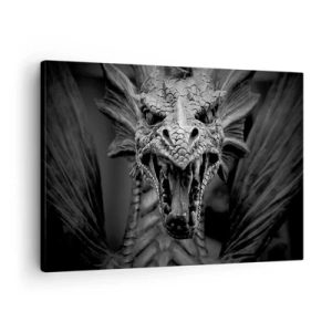 Quadro em tela - Uma cabeça de dragão ameaçadora em preto e branco com detalhes expressivos. - 70x50cm - Dragão de conto de fadas em tons de cinza - Decoração de parede moderna para a sala de estar e quarto ARTTOR