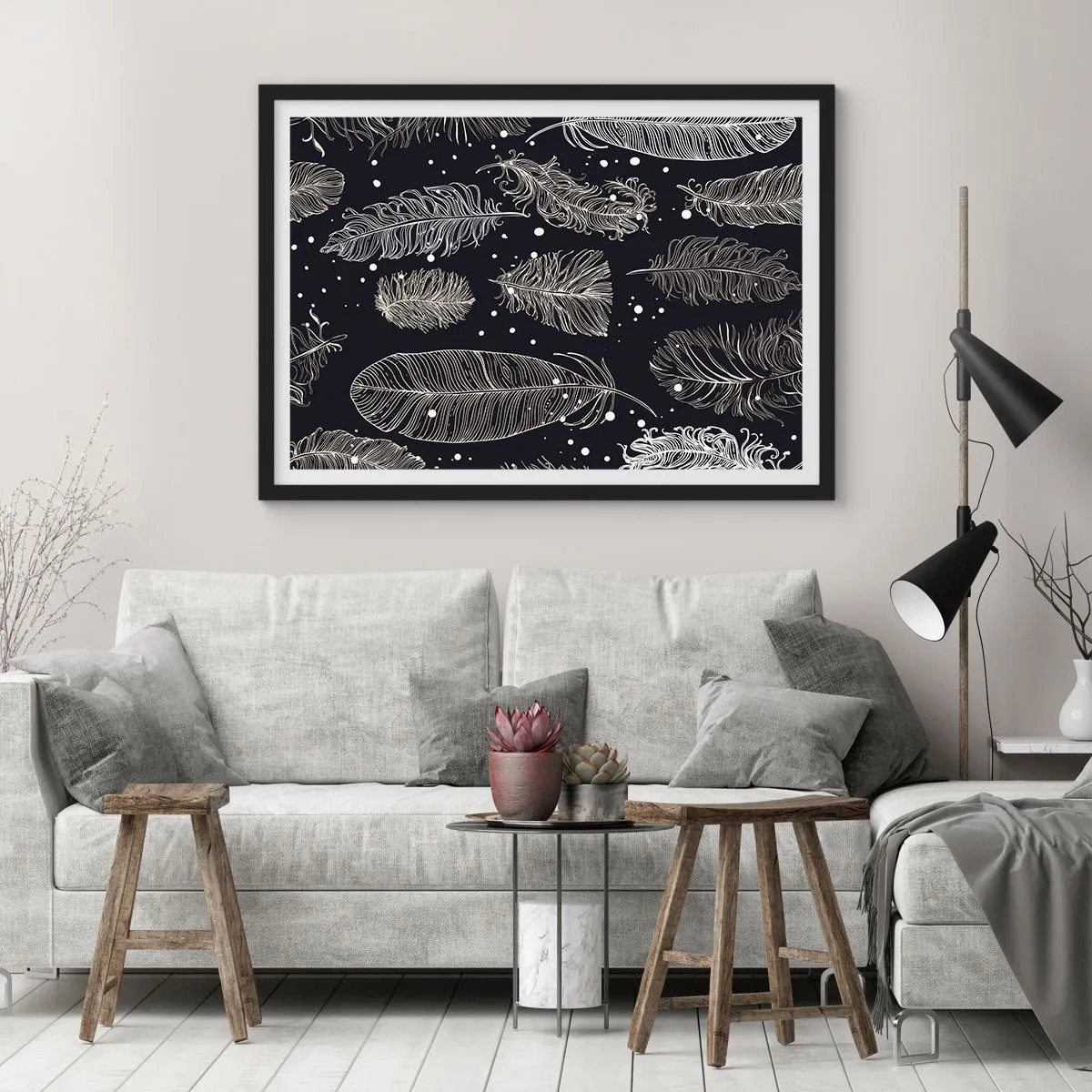 Pôster com moldura preta - Rendas de penas - 70x50 cm