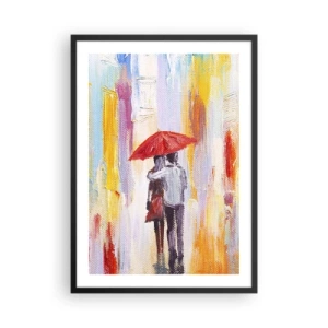 Pôster com moldura preta - Uma cena romântica com um casal sob um guarda-chuva vermelho com uma cidade ao fundo. - 50x70cm - Que continue a chover - Decoração de parede moderna para a sala de estar e quarto ARTTOR