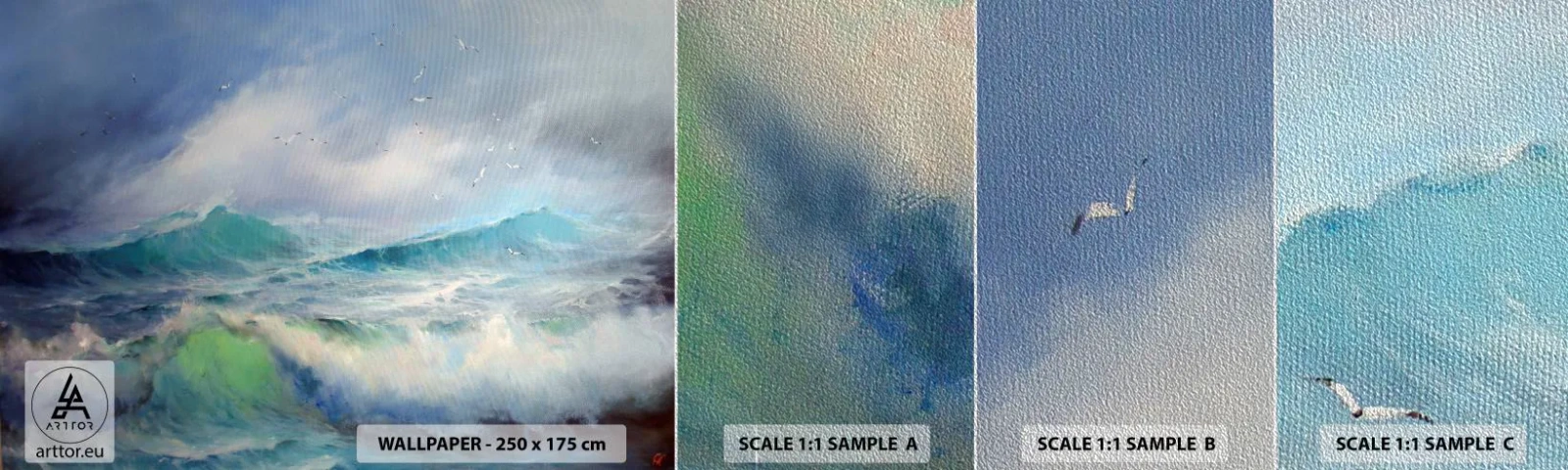 Amostra de papel de parede Premium Sand - O vento uivava triunfalmente… - Tempestade, Onda alta, Pássaros - 100x30 cm