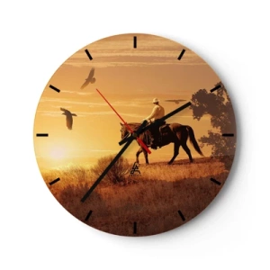 Relógio de parede - Relógio em vidro - Cowboy a cavalo ao pôr do sol - 30x30cm - Sozinho em toda a pradaria - Decoração de parede moderna para a sala de estar, cozinha e quarto ARTTOR