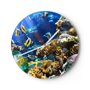 Relógio de parede - Relógio em vidro - Recife de coral com peixes tropicais no oceano azul - 30x30cm - Tráfego intenso no percurso de férias - Decoração de parede moderna para a sala de estar, cozinha e quarto ARTTOR