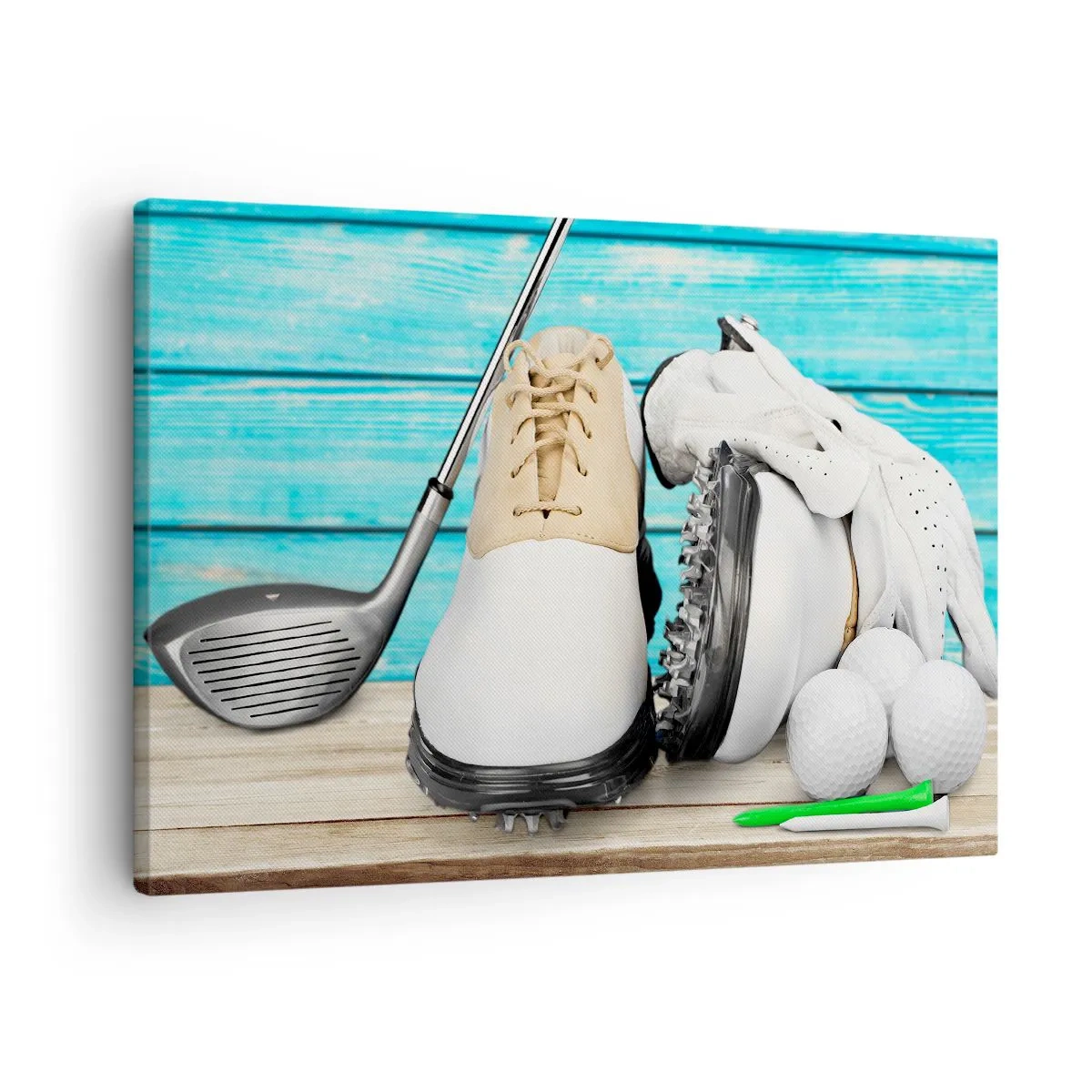 Quadro em tela - Um conjunto de acessórios de golfe em um fundo de madeira - 70x50cm - Está tudo pronto - Decoração de parede moderna para a sala de estar e quarto ARTTOR