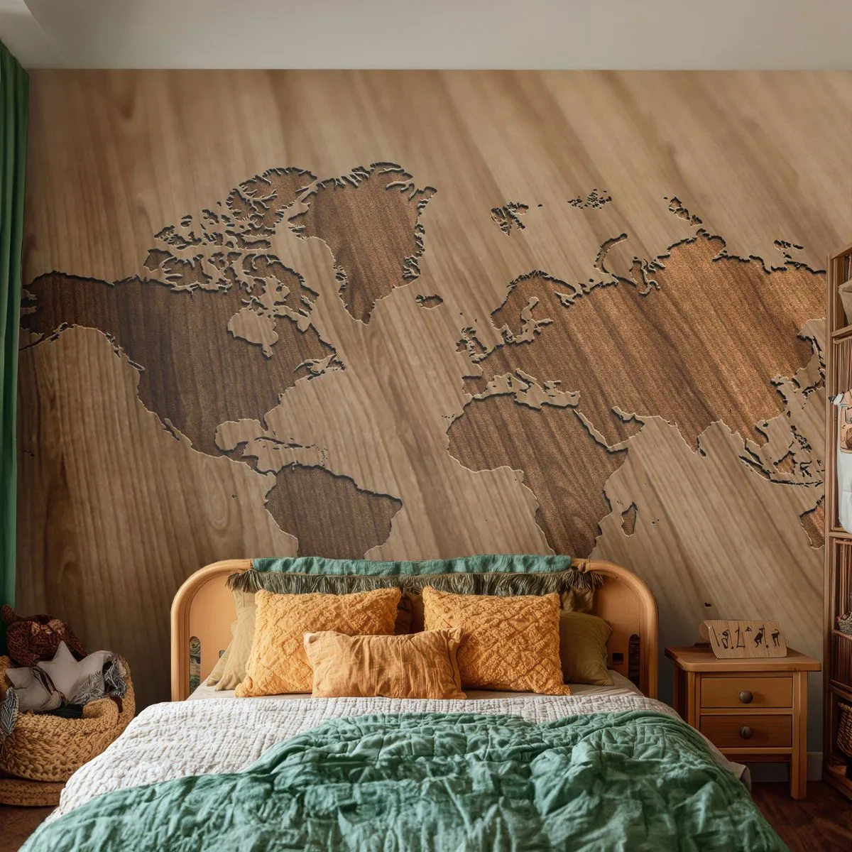 Papel de Parede Premium Sand - O mundo servido na mesa - Mapa mundial, Madeira, Continentes - 350x256 cm