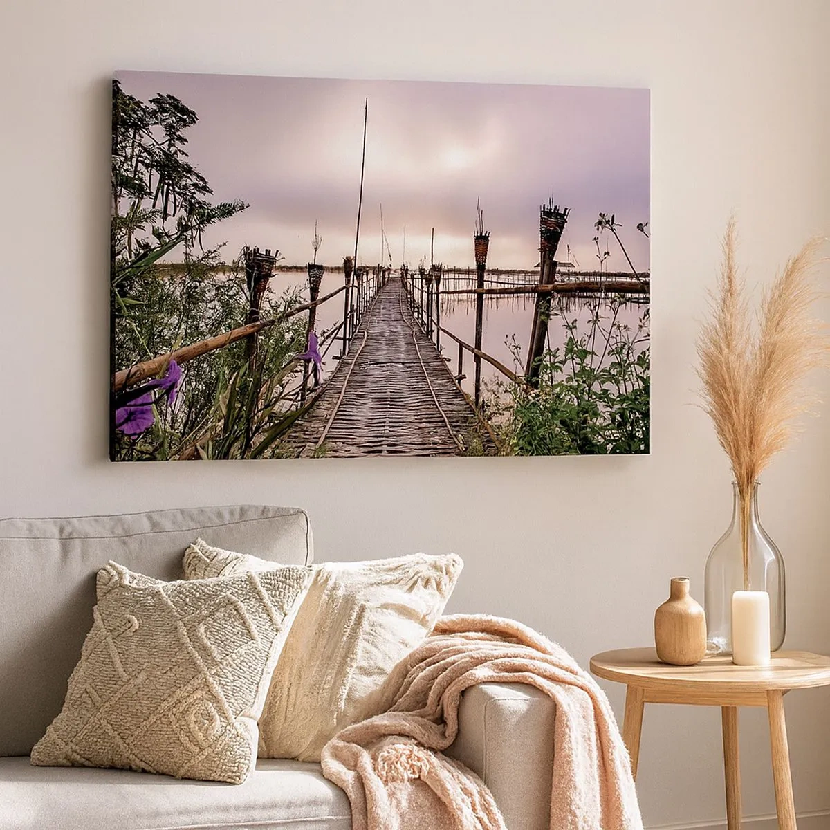 Quadro em tela - Ponte de bambu sobre a água ao amanhecer - 70x50cm - Paz e tranquilidade da Ásia - Decoração de parede moderna para a sala de estar e quarto ARTTOR