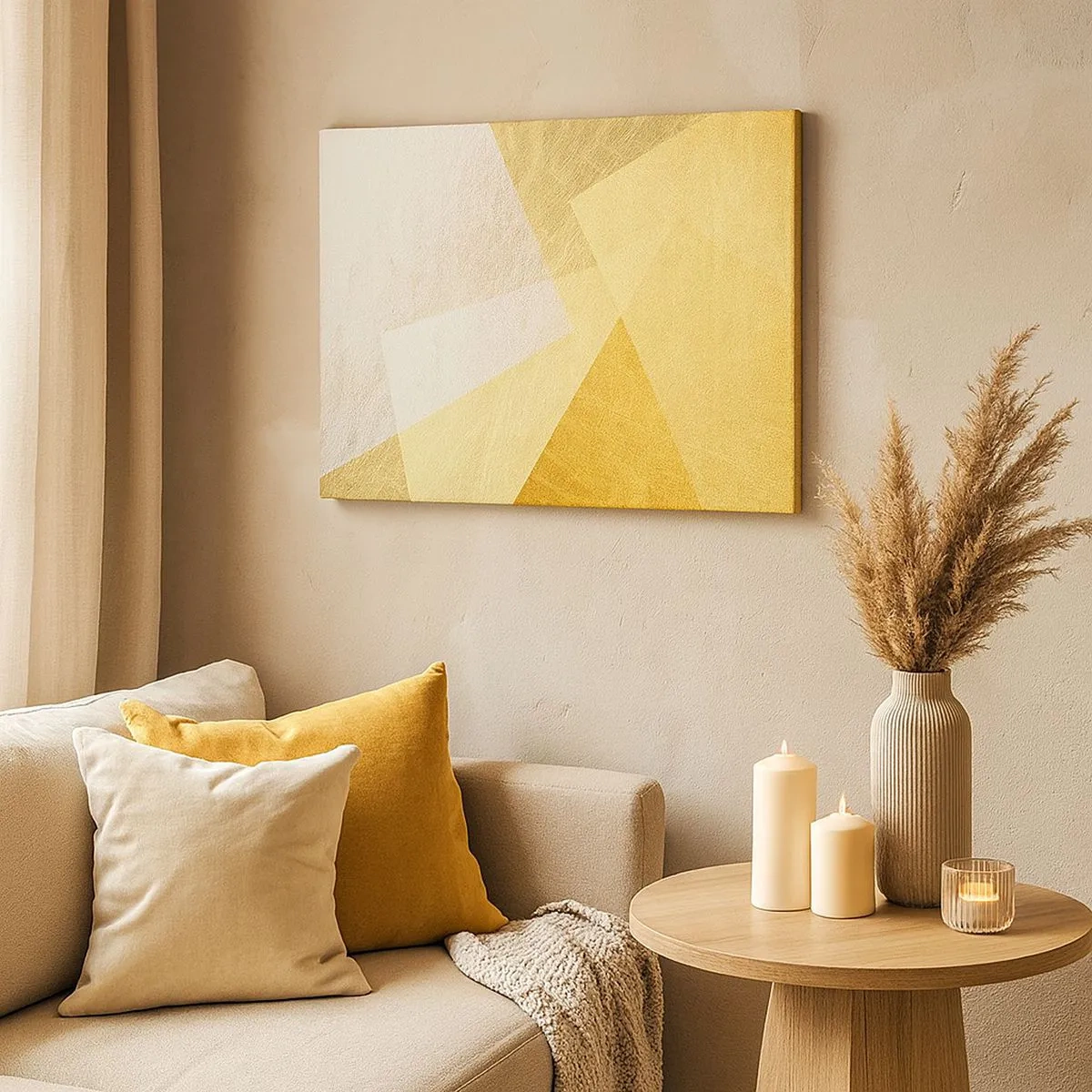 Quadro em tela - Formas geométricas em dourado e tons claros - 70x50cm - Clima geométrico - Decoração de parede moderna para a sala de estar e quarto ARTTOR