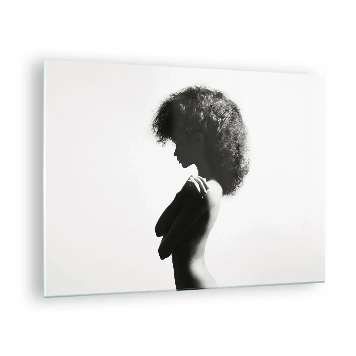 Quadro em vidro - Nu feminino em contraste de luz preta e branca - 70x50cm - Como uma flor em um caule fino - Decoração de parede moderna para a sala de estar e quarto ARTTOR