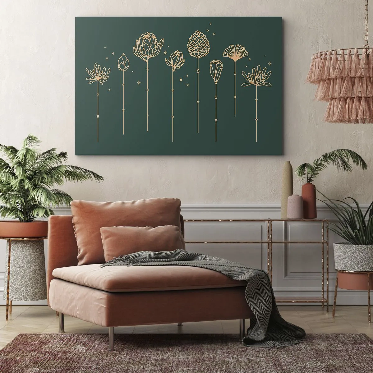 Quadro em tela - Desenhos dourados de ervas sobre fundo verde escuro - 70x50cm - A família RAMOS - Decoração de parede moderna para a sala de estar e quarto ARTTOR