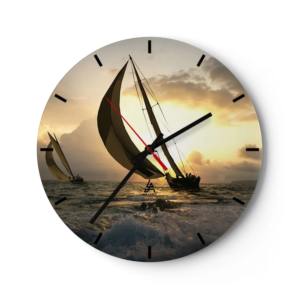 Relógio de parede - Relógio em vidro - Veleiros em mar aberto ao pôr do sol - 30x30cm - Com o vento e contra o vento - Decoração de parede moderna para a sala de estar, cozinha e quarto ARTTOR